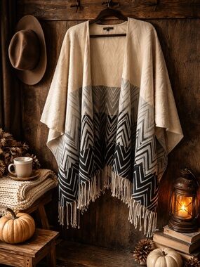 Alberto Makali Chevron Ruana Wrap Poncho Boho Fringe Cozy OS